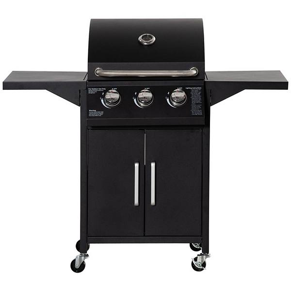 Outdoor 3 Burner Gas Grill Bbq Trolley W/ Warming Rack, Side Shelf, Black Outsunny