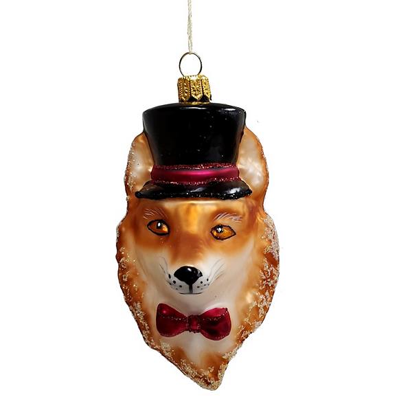 Pinnacle Peak Trading Red Fox Head Wearing Bow Tie And Top Hat Polish Glass Christmas Tree Ornament Pinnacle Peak Trading Company