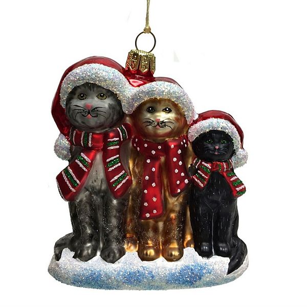 Pinnacle Peak Trading Three Cats Wearing Scarfs And Santa Hats Polish Glass Christmas Tree Ornament Pinnacle Peak Trading Company