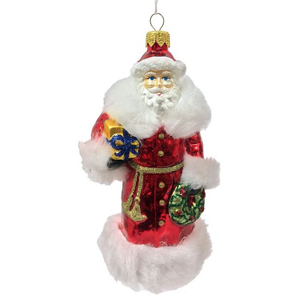 Pinnacle Peak Trading Santa Claus With Red Fur Coat And Presents Polish Glass Christmas Ornament Pinnacle Peak Trading Company