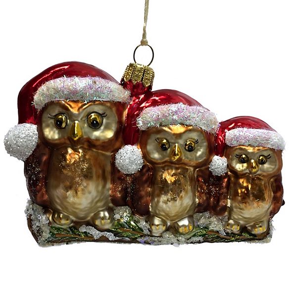 Pinnacle Peak Trading Three Owls Wearing Santa Hats On Branch Polish Glass Christmas Ornament Pinnacle Peak Trading Company