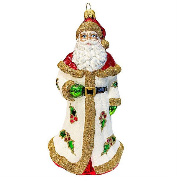 Pinnacle Peak Trading Santa With White Glittered Holly Coat Polish Glass Christmas Tree Ornament Pinnacle Peak Trading Company