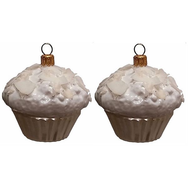 Pinnacle Peak Trading White Coconut Cupcake Dessert Polish Glass Christmas Ornament Set Of 2 Pinnacle Peak Trading Company