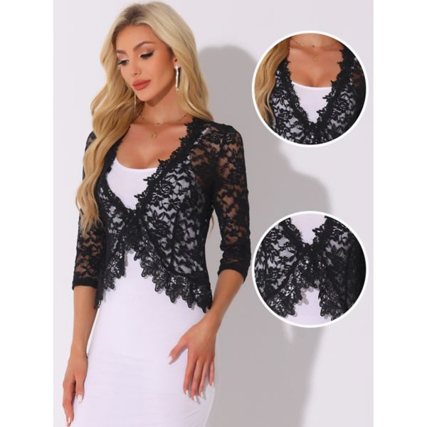 Floral Lace Shrugs For Women's Evening 3/4 Sleeves Formal Elegant Bolero Cardigan Allegra K