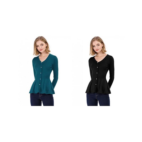 2 Packs Women's V Neck Long Sleeve Ribbed Pullover Knitted Peplum Tops Allegra K