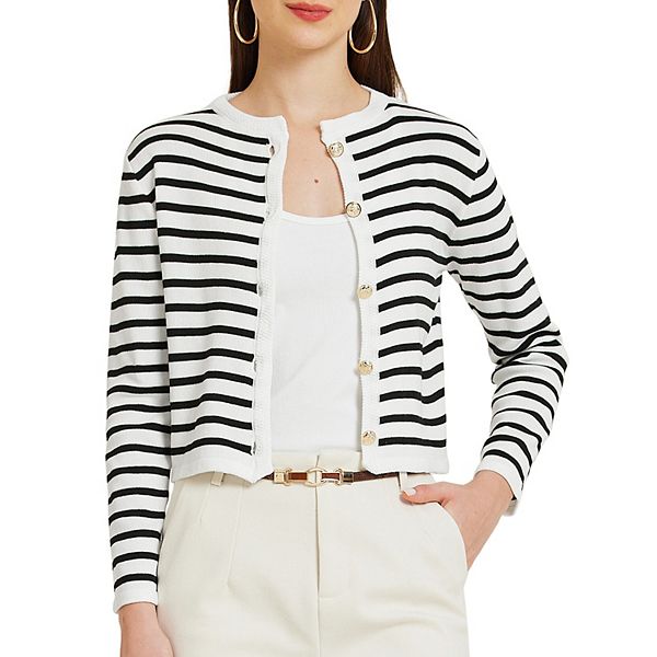 Women's Round Neck Stripes Button Down Striped Cropped Cardigan Sweaters Allegra K