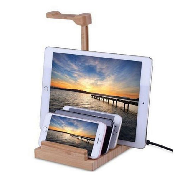 ZTECH Wooden 3 Ports Headset Hanger Rack, USB Charging Dock Station for Headphone and Smartphone Ztech