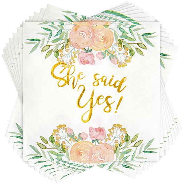 50 Pack Gold Foil She Said Yes Napkins For Engagement, Bridal Shower Decorations Sparkle and Bash