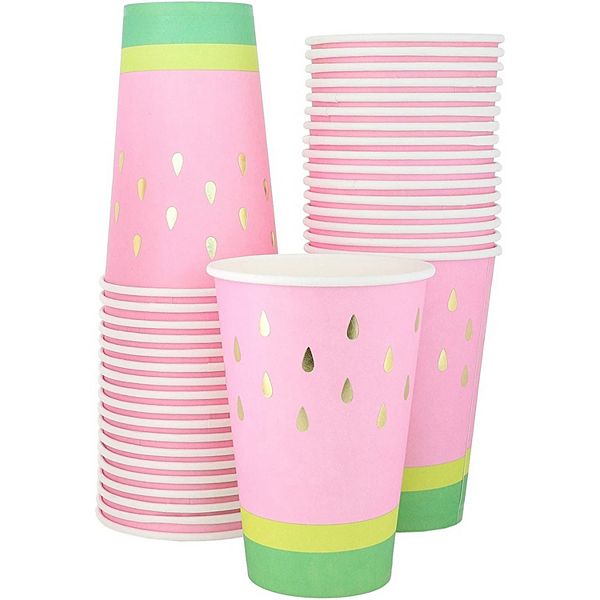 50x Summer Watermelon Paper Party Cups Gold Foil, Bridal Shower/birthday, 12 Oz Blue Panda