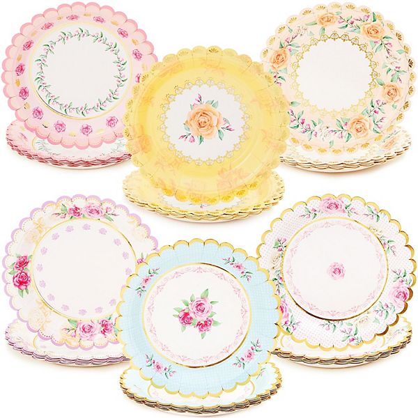 48 Floral Paper Plates Vintage Tea Party Supplies Wedding Bridal Baby Shower 7in Sparkle and Bash