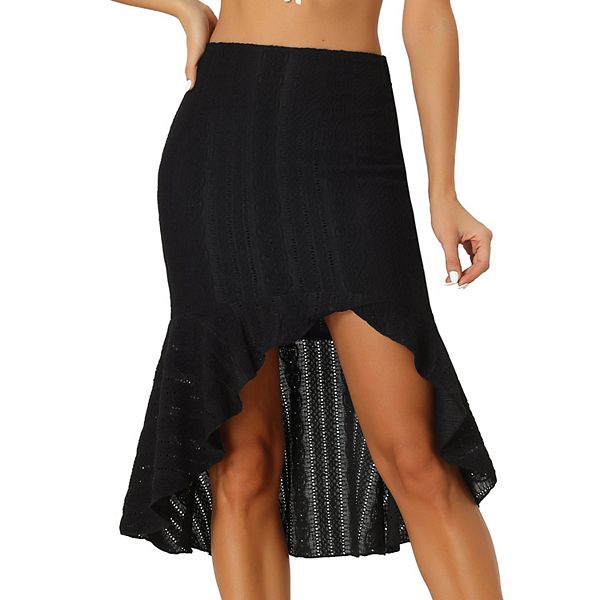 Lace Skirt For Women's Ruffle Hem Asymmetrical Stretchy Midi Skirt Allegra K