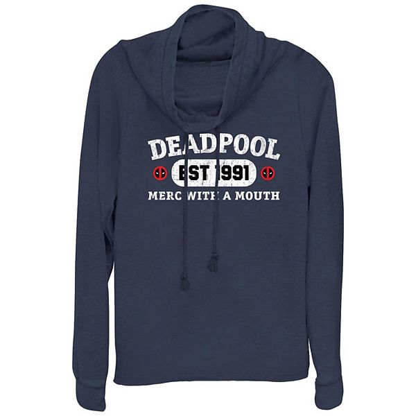 Women's Marvel Deadpool Est. 1991 Merc With A Mouth Cowlneck Graphic Lightweight Long Sleeve Marvel