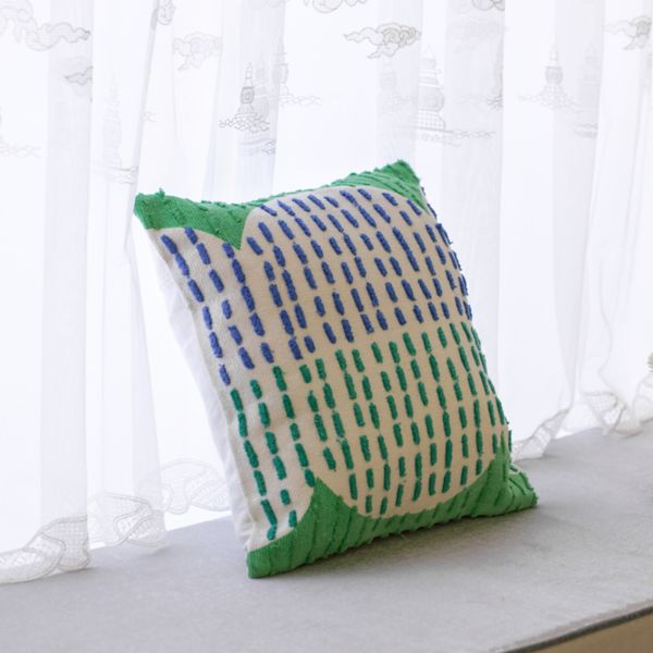 Handwoven Cotton Throw Pillow Cover with Ribbed Line Dots and Wave Border with Filler Deerlux