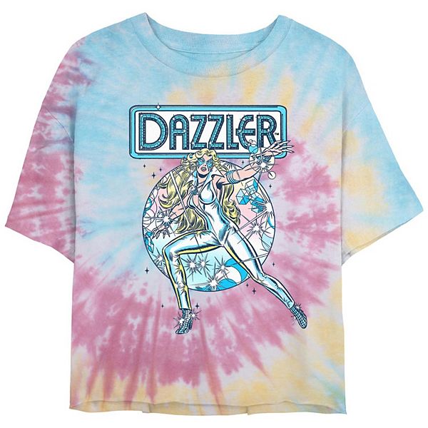 Juniors' Dazzler Sparkle Stamp Crop Top Tie Dye Graphic Tee Marvel