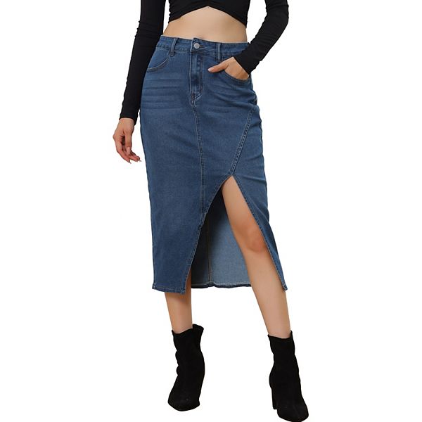 Women's Denim Skirt Casual High Waisted Front Slit Knee Length Jean Skirts Allegra K