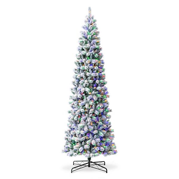 Glitzhome 11ft Pre-lit Flocked Pencil Green Pine Artificial Christmas Tree - Remote Controller Glitzhome