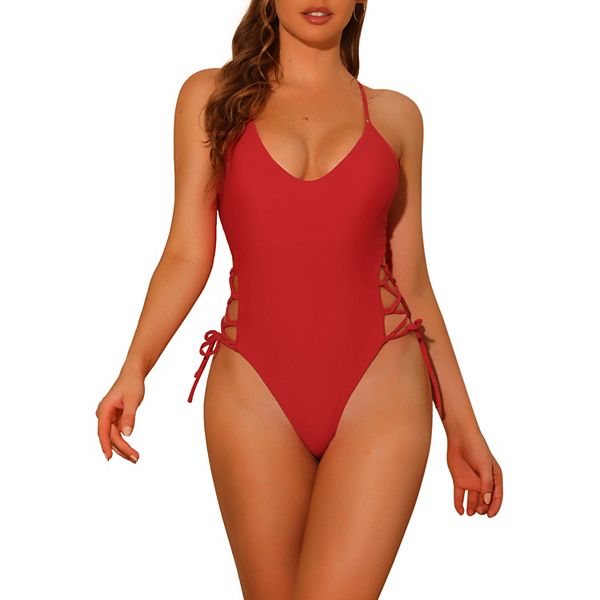 Women's One Piece Swimsuits Lace Up Criss Cross Plunge Monokini Swimwear Suits Elerevyo