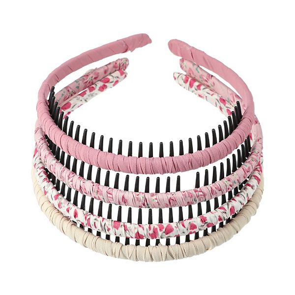 4pcs Teeth Comb Floral Pattern Headbands Tooth Comb Hair Hoop Red Pink Beige Unique Bargains