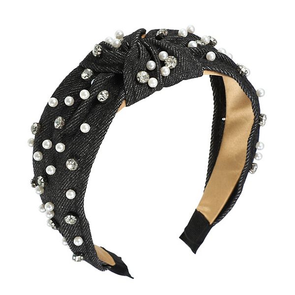 Pearly Rhinestones Crystal Knotted Women Headband Classic Black 5.31"x1.97" Unique Bargains