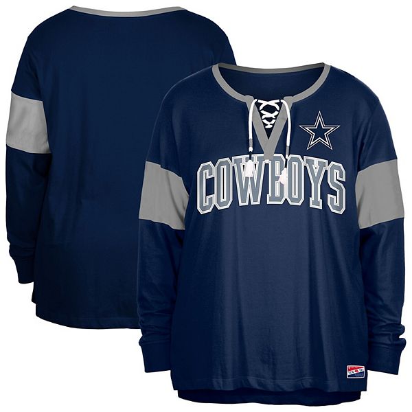 Women's New Era Navy Dallas Cowboys Plus Size Lace-Up Notch Neck Long Sleeve T-Shirt New Era