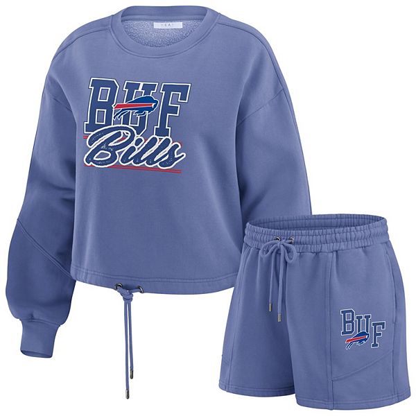 Women's WEAR by Erin Andrews Royal Buffalo Bills Washed Fleece Long Sleeve T-Shirt & Shorts Lounge Set WEAR by Erin Andrews