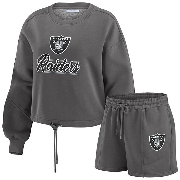 Women's WEAR by Erin Andrews Black Las Vegas Raiders Washed Fleece Long Sleeve T-Shirt & Shorts Lounge Set WEAR by Erin Andrews