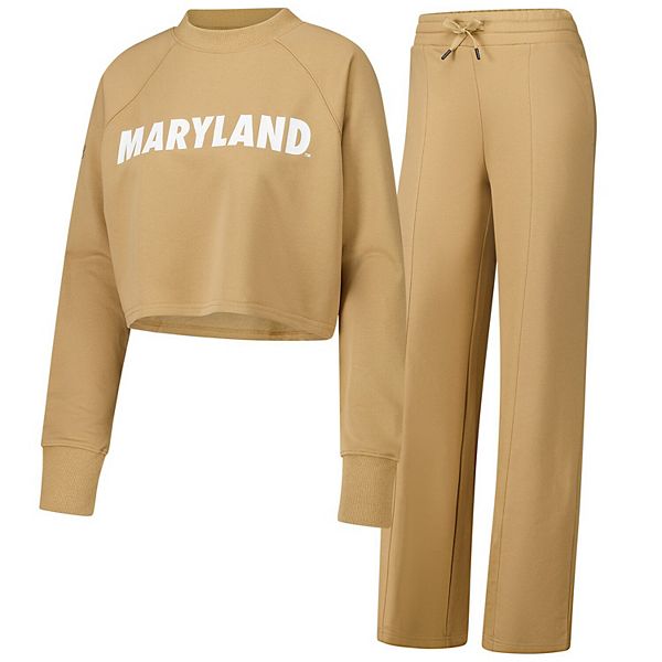 Women's Tan Maryland Terrapins Raglan Cropped Sweatshirt & Sweatpants Set Kadyluxe