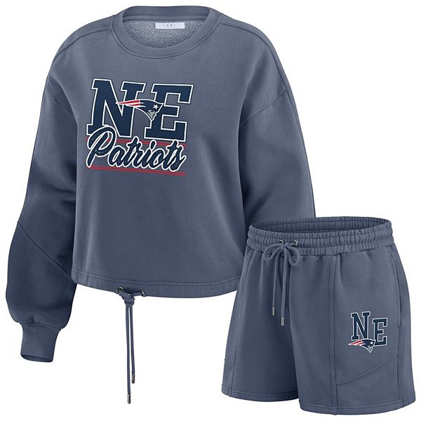 Women's WEAR by Erin Andrews Navy New England Patriots Washed Fleece Long Sleeve T-Shirt & Shorts Lounge Set WEAR by Erin Andrews