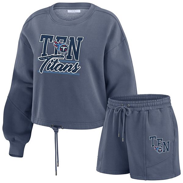 Women's WEAR by Erin Andrews Navy Tennessee Titans Washed Fleece Long Sleeve T-Shirt & Shorts Lounge Set WEAR by Erin Andrews