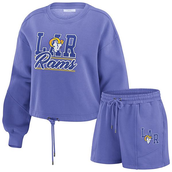 Women's WEAR by Erin Andrews Royal Los Angeles Rams Washed Fleece Long Sleeve T-Shirt & Shorts Lounge Set WEAR by Erin Andrews