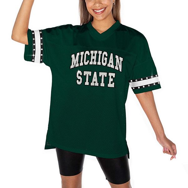 Женская стильная футболка с украшением Gameday Couture: Michigan State Spartans, с V-образным вырезом и сетчатой отделкой Gameday Couture