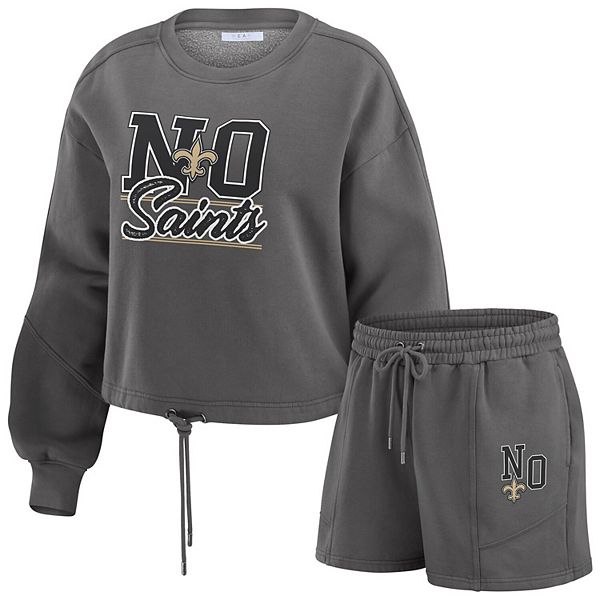 Women's WEAR by Erin Andrews Black New Orleans Saints Washed Fleece Long Sleeve T-Shirt & Shorts Lounge Set WEAR by Erin Andrews