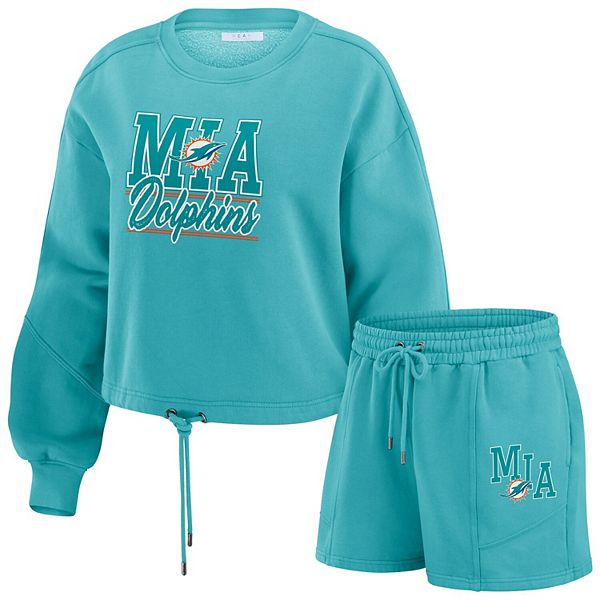 Women's WEAR by Erin Andrews Aqua Miami Dolphins Washed Fleece Long Sleeve T-Shirt & Shorts Lounge Set WEAR by Erin Andrews