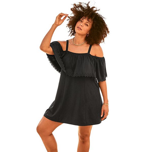 Swim 365 Women's Plus Size Laser-Cut Off-The-Shoulder Swim Dress Swim 365