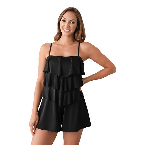 Plus Size Fit 4 U Solid Ruffle Tiered Sleeveless Swim Romper Fit 4 U