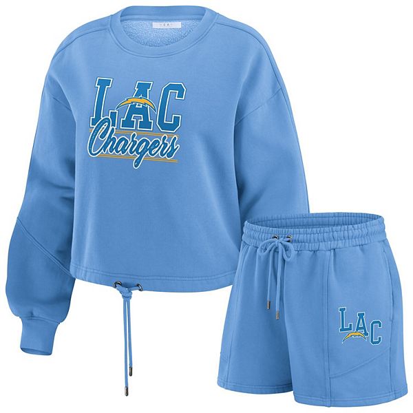 Women's WEAR by Erin Andrews Powder Blue Los Angeles Chargers Washed Fleece Long Sleeve T-Shirt & Shorts Lounge Set WEAR by Erin Andrews