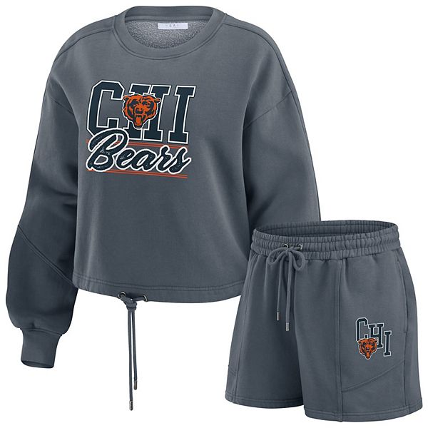 Women's WEAR by Erin Andrews Navy Chicago Bears Washed Fleece Long Sleeve T-Shirt & Shorts Lounge Set WEAR by Erin Andrews