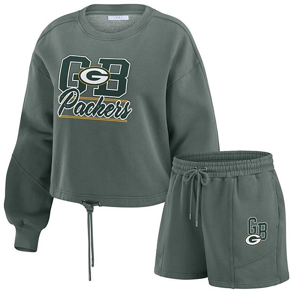 Women's WEAR by Erin Andrews Green Green Bay Packers Washed Fleece Long Sleeve T-Shirt & Shorts Lounge Set WEAR by Erin Andrews