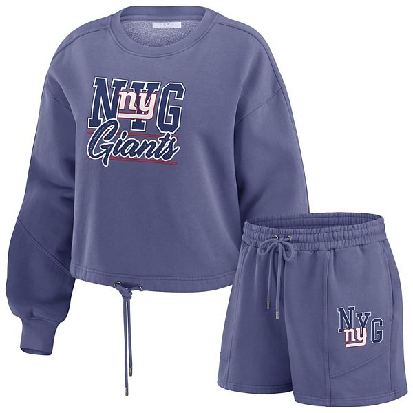 Women's WEAR by Erin Andrews Royal New York Giants Washed Fleece Long Sleeve T-Shirt & Shorts Lounge Set WEAR by Erin Andrews