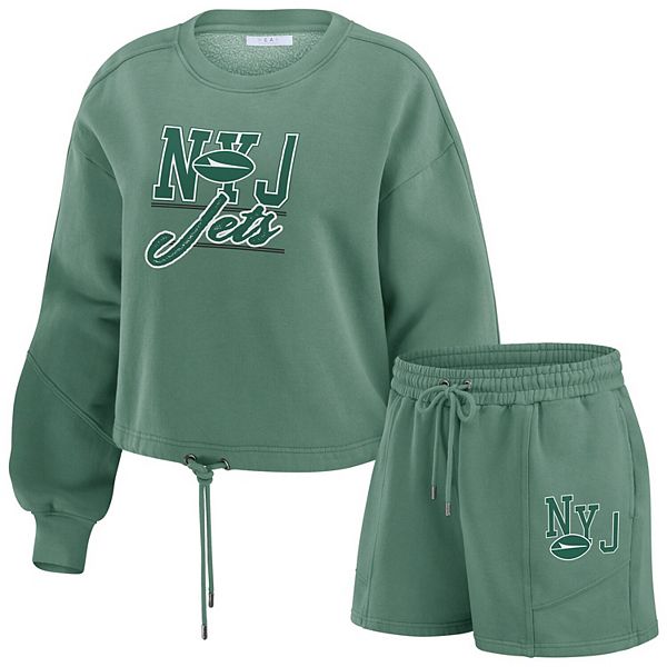 Women's WEAR by Erin Andrews Green New York Jets Washed Fleece Long Sleeve T-Shirt & Shorts Lounge Set WEAR by Erin Andrews