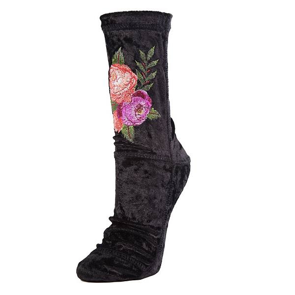 Floral Embroidered Crushed Velvet Socks Memoi