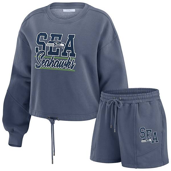 Women's WEAR by Erin Andrews College Navy Seattle Seahawks Washed Fleece Long Sleeve T-Shirt & Shorts Lounge Set WEAR by Erin Andrews