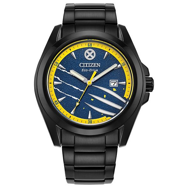 Мужские часы с браслетом и эмблемой Eco-Drive Marvel Wolverine, черное IP покрытие, синий циферблат, 43 мм Citizen