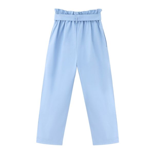 Girls Cute Fashion Belted Ruffle High Waist Wide Leg Loose Casual Fit Pants With Side Pockets Kojooin