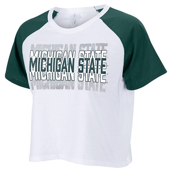 Women's ZooZatz White Michigan State Spartans Colorblock Repeat Raglan Cropped T-Shirt ZooZatz