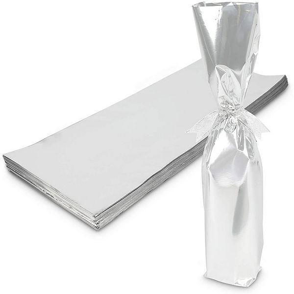 Silver Foil Wine Bottle Gift Bags, Metallic Wraps (6.25 X 17.5 In, 100 Pack) Sparkle and Bash