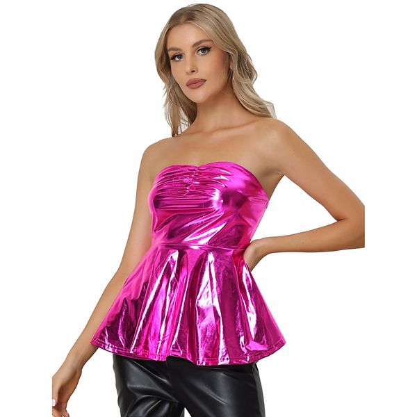 Women's Strapless Shiny Metallic Party Clubwear Peplum Top Allegra K