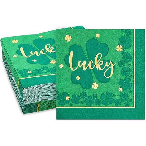 50x St. Patrick's Day Party Napkins Green Leaf Clover-themed Lucky Design 3-ply Sparkle and Bash