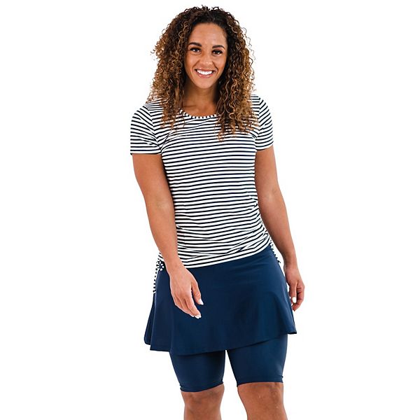 Women’s Short Sleeve Adele Swim Top & Flared Mid-Thigh Swim Skirt Set (Navy Bottom) Calypsa LLC