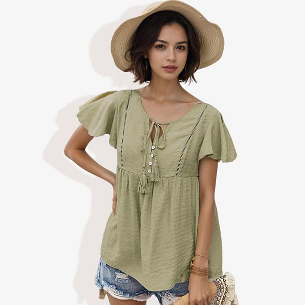 Women's Short Sleeve Boho Top With Tassel Tie Front And Crochet Trim Casual Summer Blouse Anna-Kaci